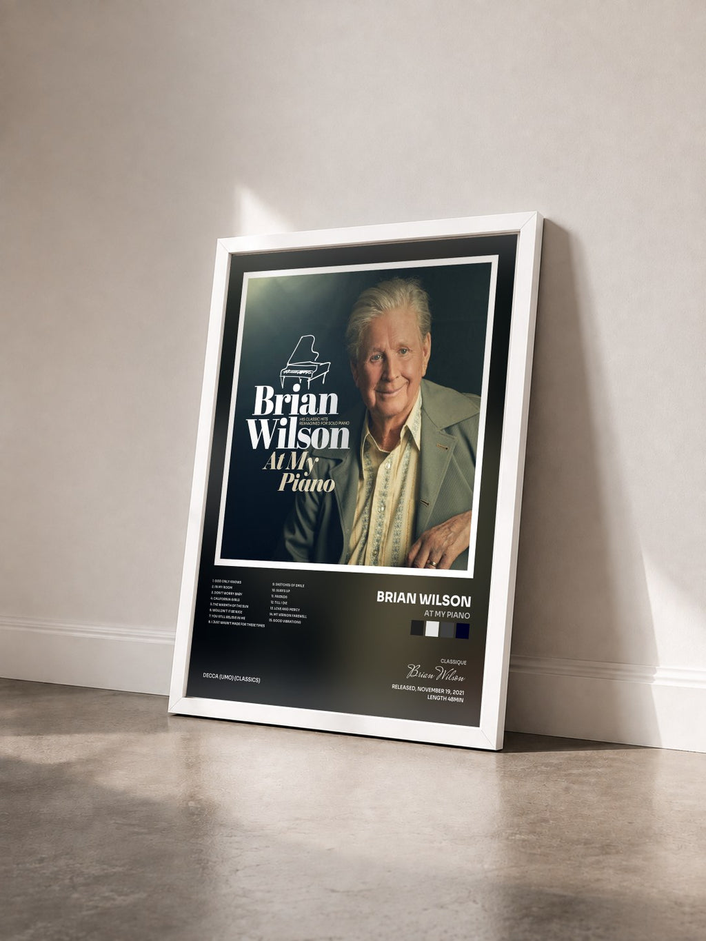 #blanc Tableau de l'album At My Piano de Brian Wilson vu de trois quarts, cadre blanc