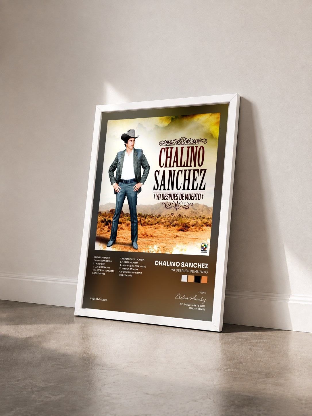 #blanc Tableau de l'album Ya Después De Muerto de Chalino Sanchez vu de trois quarts, cadre blanc