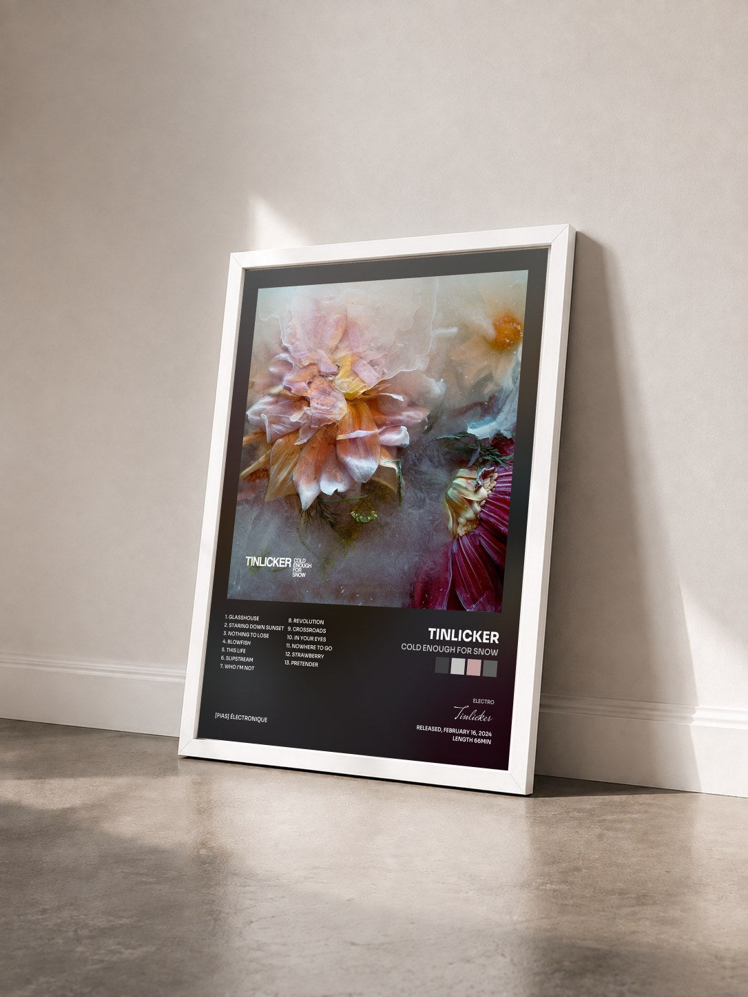 #blanc Tableau de l'album Cold Enough For Snow de Tinlicker vu de trois quarts, cadre blanc