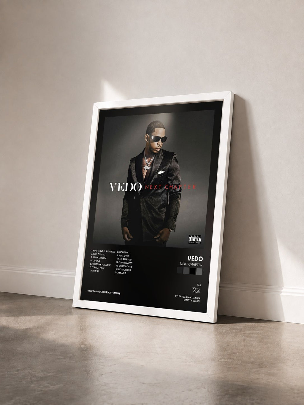 #blanc Tableau de l'album Next Chapter de Vedo vu de trois quarts, cadre blanc