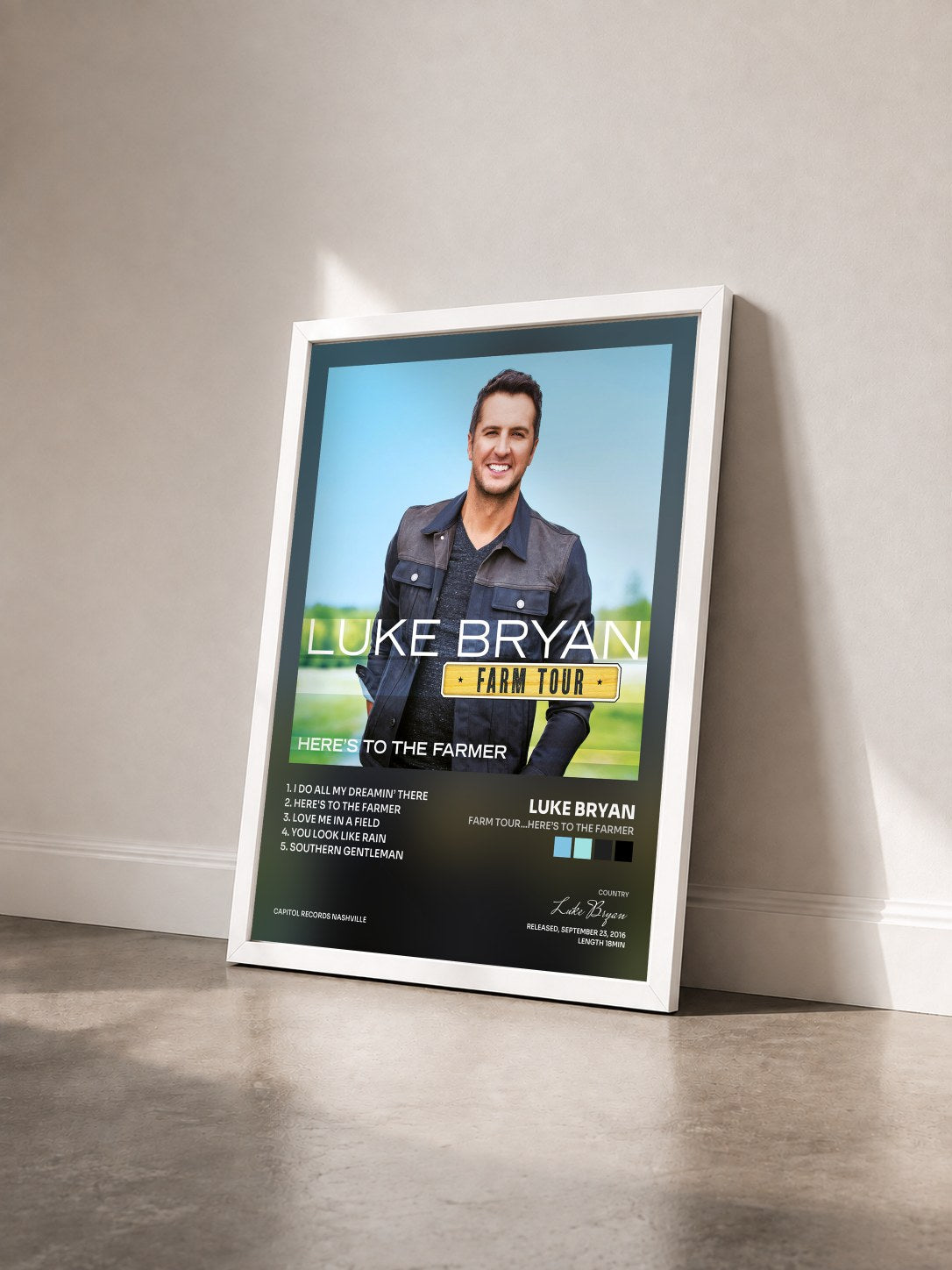 #blanc Tableau de l'album Farm Tour…Here’s To The Farmer de Luke Bryan vu de trois quarts, cadre blanc