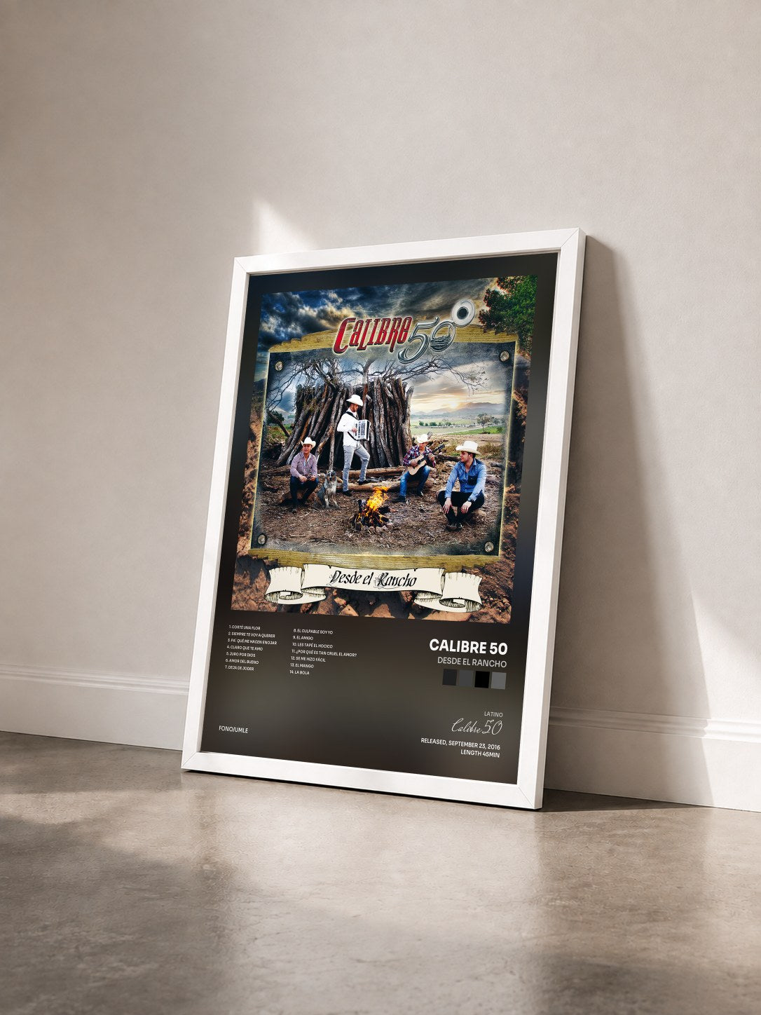 #blanc Tableau de l'album Desde El Rancho de Calibre 50 vu de trois quarts, cadre blanc