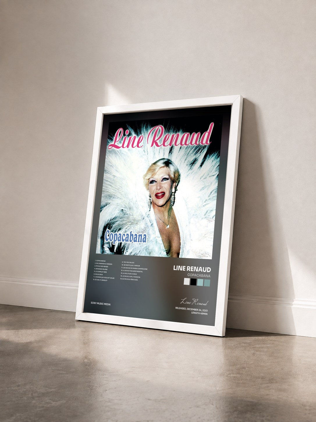 #blanc Tableau de l'album Copacabana de Line Renaud vu de trois quarts, cadre blanc