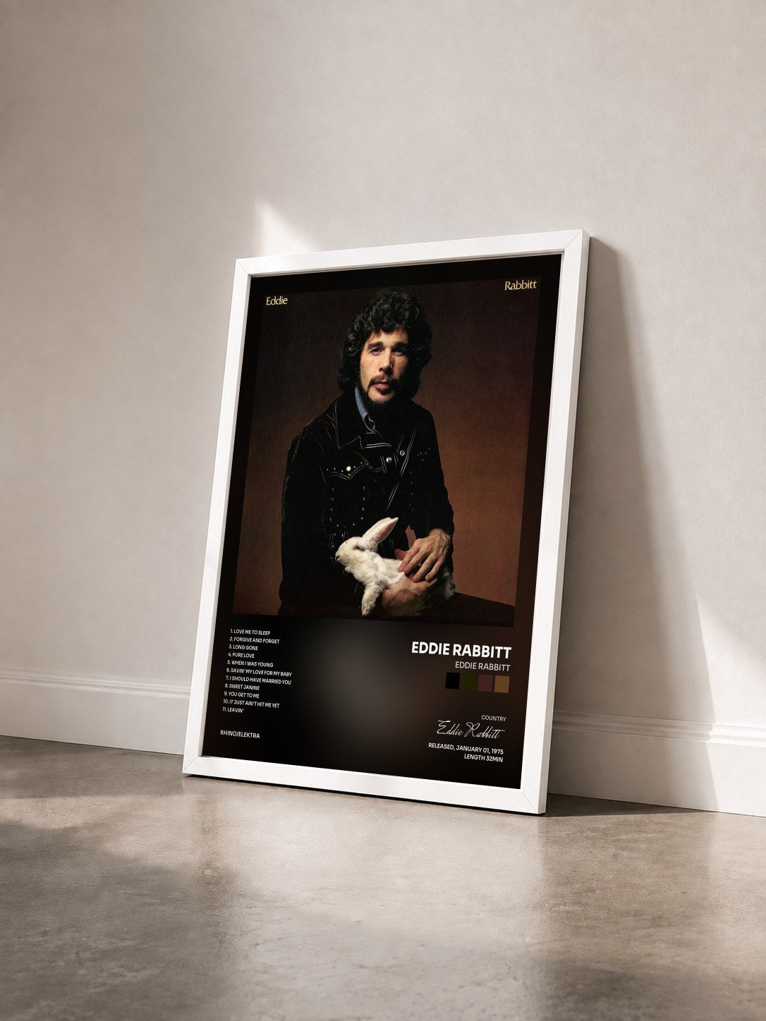 #blanc Tableau de l'album Eddie Rabbitt de Eddie Rabbitt vu de trois quarts, cadre blanc