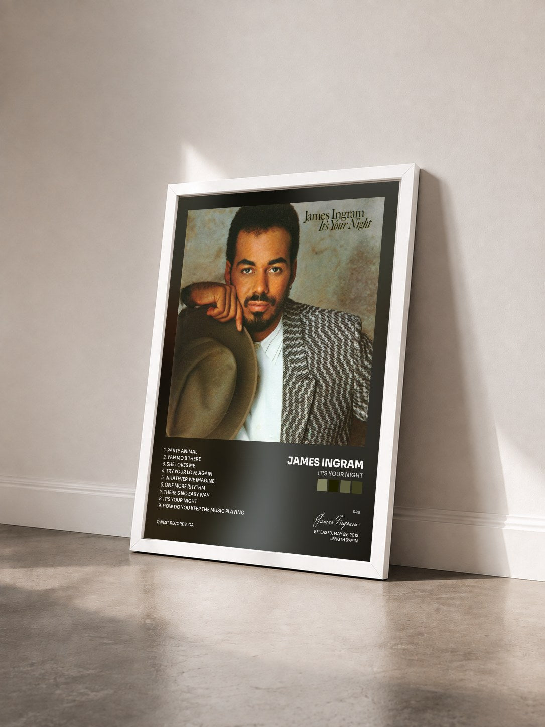 #blanc Tableau de l'album It's Your Night de James Ingram vu de trois quarts, cadre blanc
