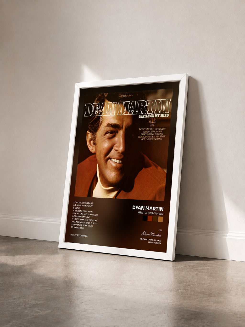 #blanc Tableau de l'album Gentle On My Mind de Dean Martin vu de trois quarts, cadre blanc