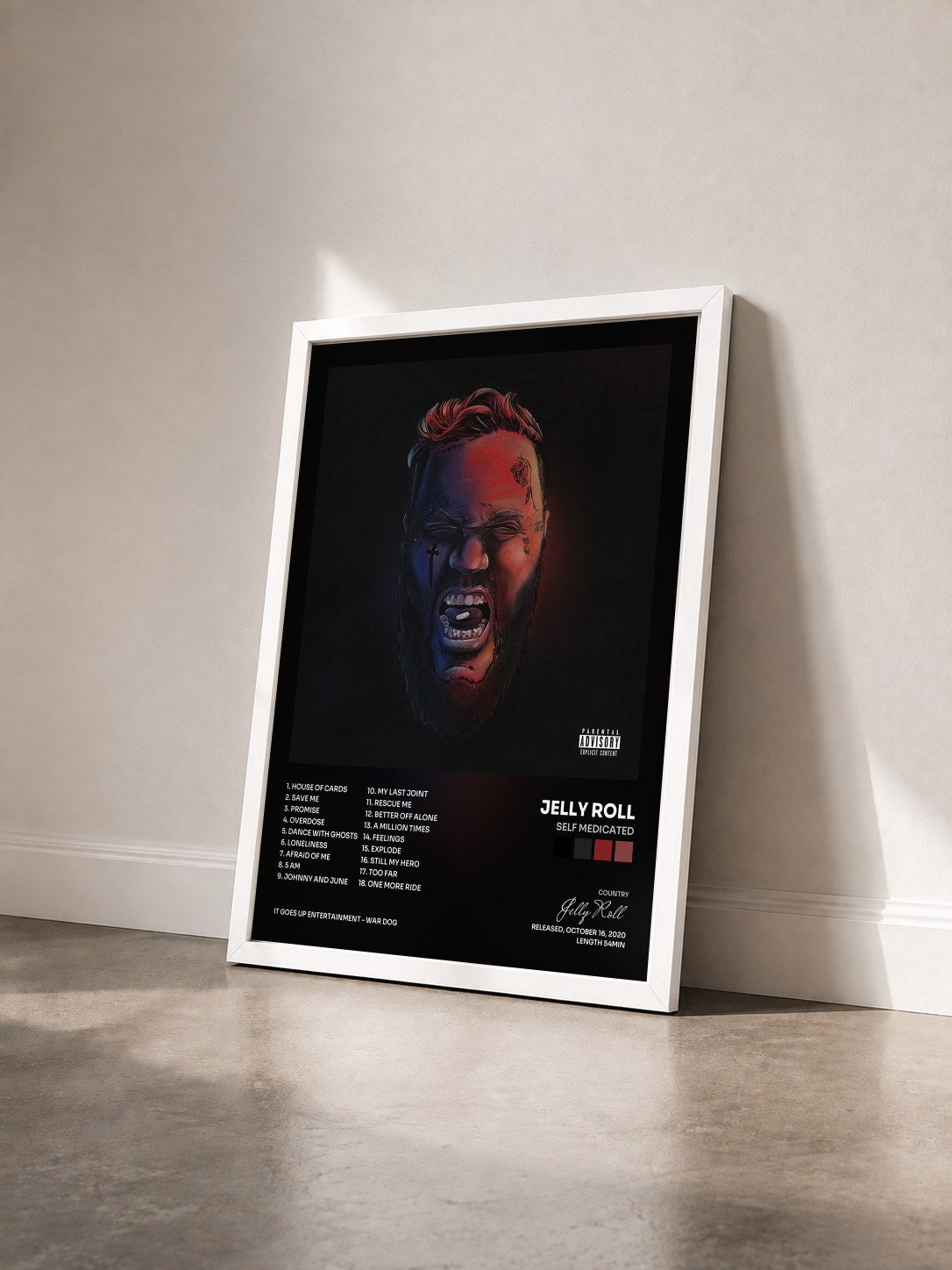 #blanc Tableau de l'album Self Medicated de Jelly Roll vu de trois quarts, cadre blanc