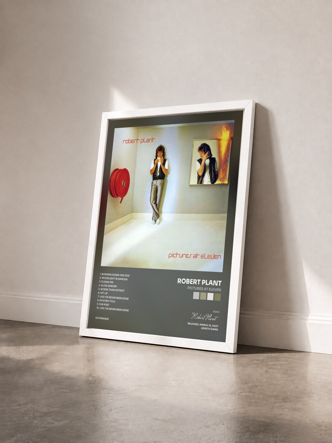 #blanc Tableau de l'album Pictures at Eleven de Robert Plant vu de trois quarts, cadre blanc