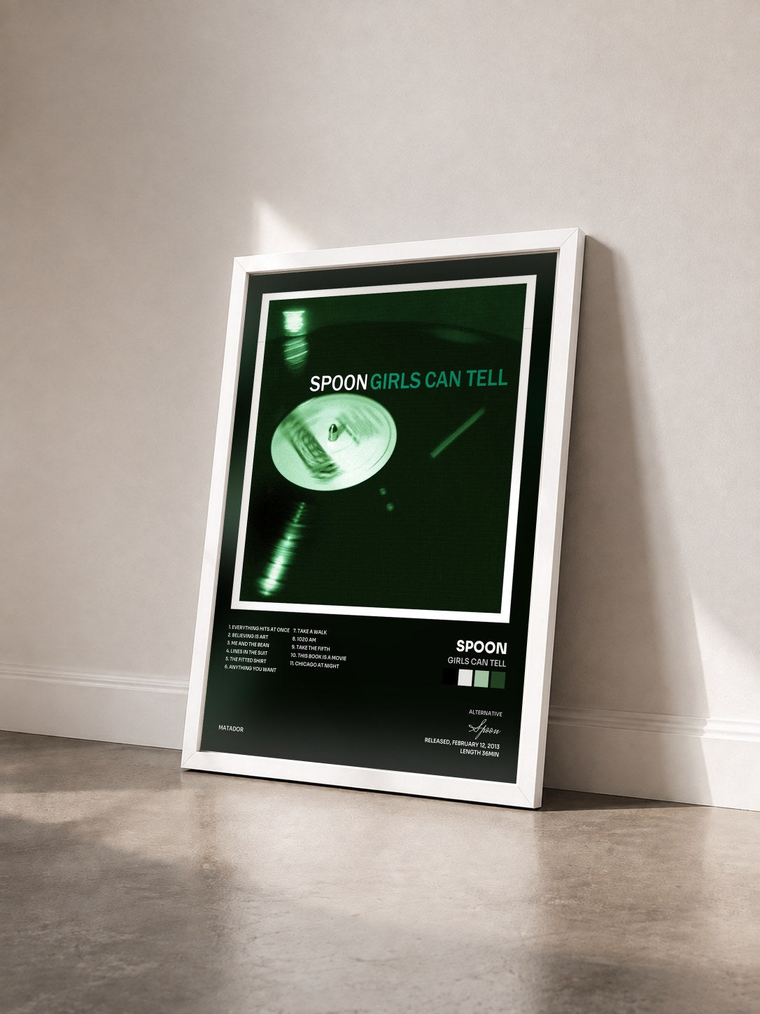 #blanc Tableau de l'album Girls Can Tell de Spoon vu de trois quarts, cadre blanc