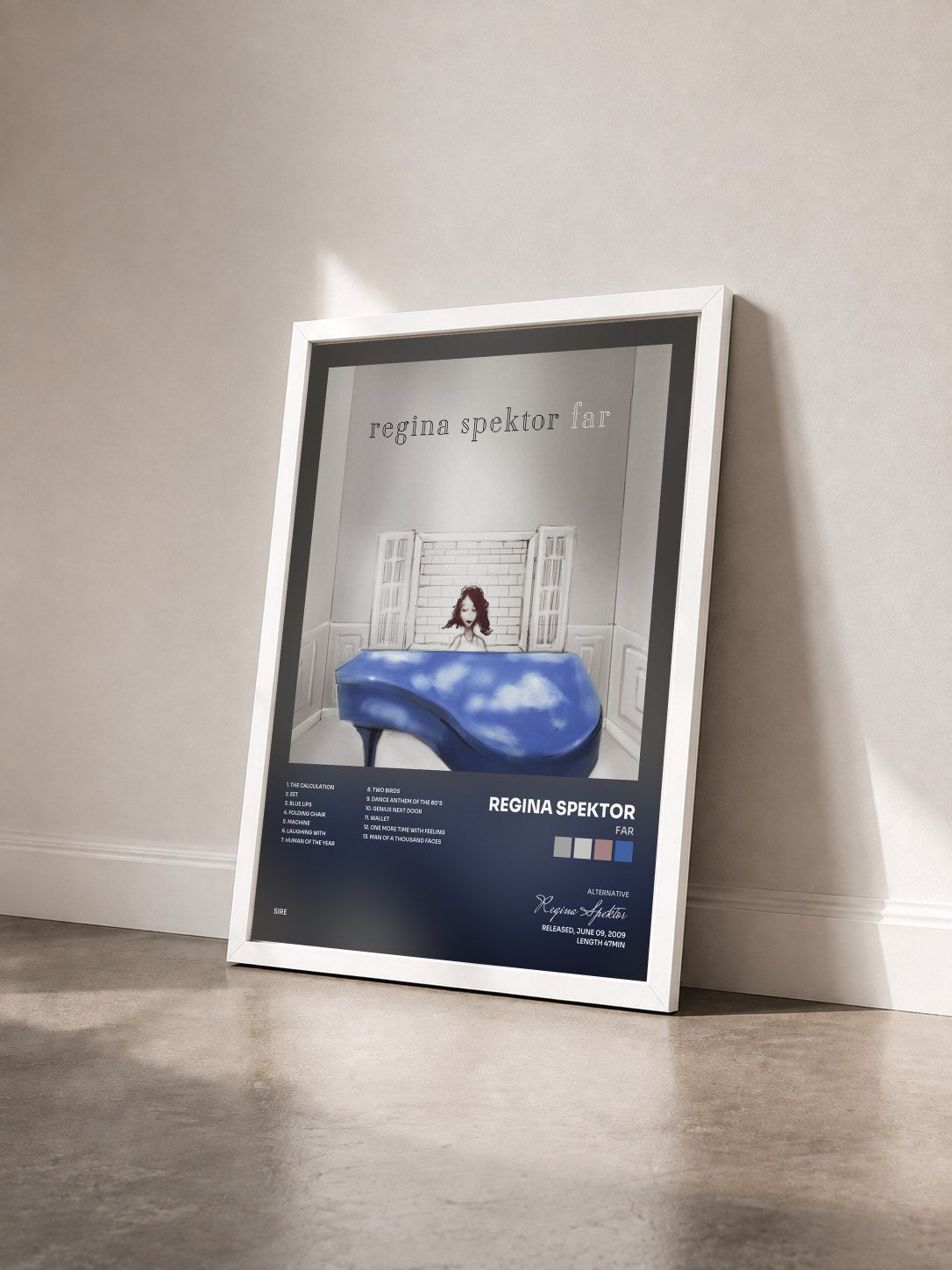 #blanc Tableau de l'album Far de Regina Spektor vu de trois quarts, cadre blanc