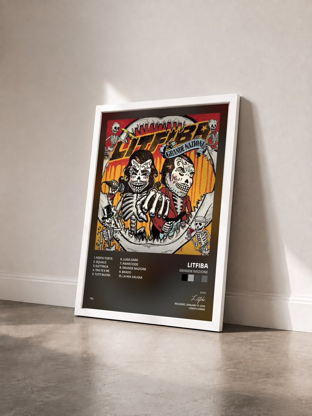 #blanc Tableau de l'album Grande Nazione de Litfiba vu de trois quarts, cadre blanc