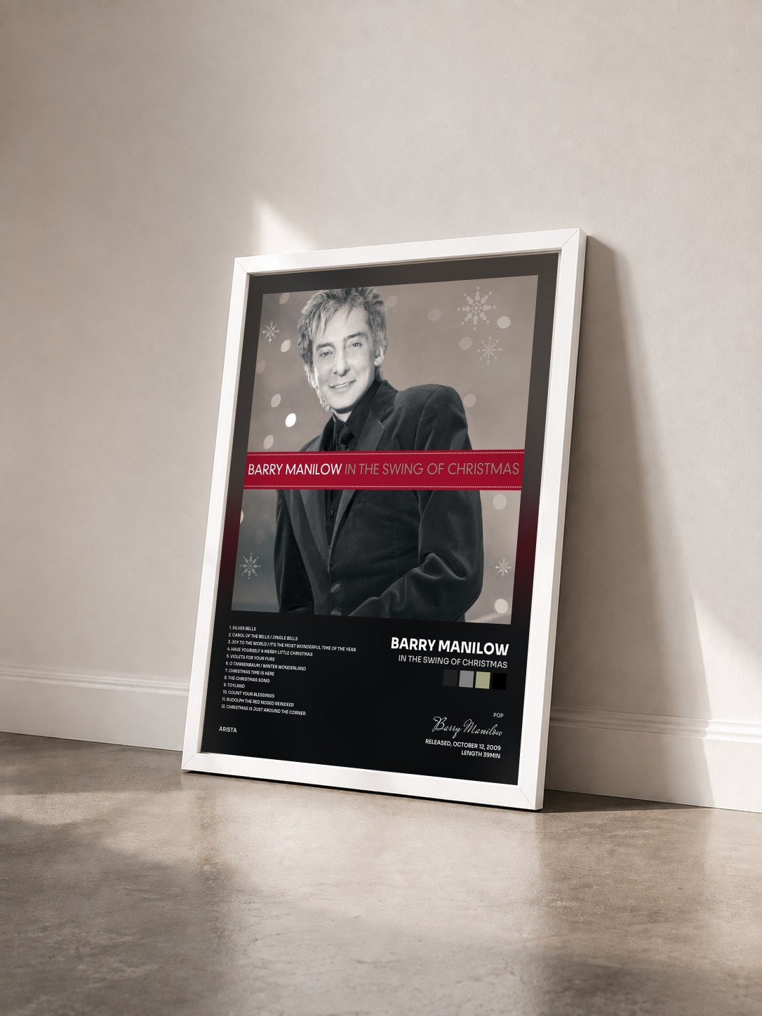 #blanc Tableau de l'album In The Swing Of Christmas de Barry Manilow vu de trois quarts, cadre blanc