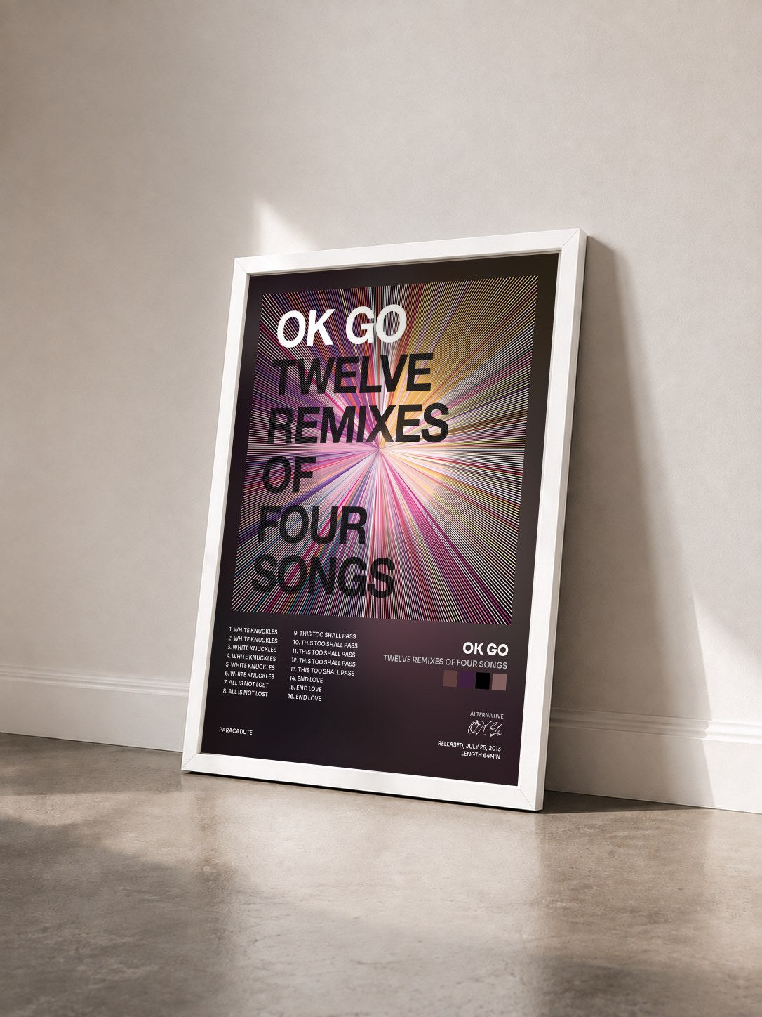 #blanc Tableau de l'album Twelve Remixes of Four Songs de OK Go vu de trois quarts, cadre blanc