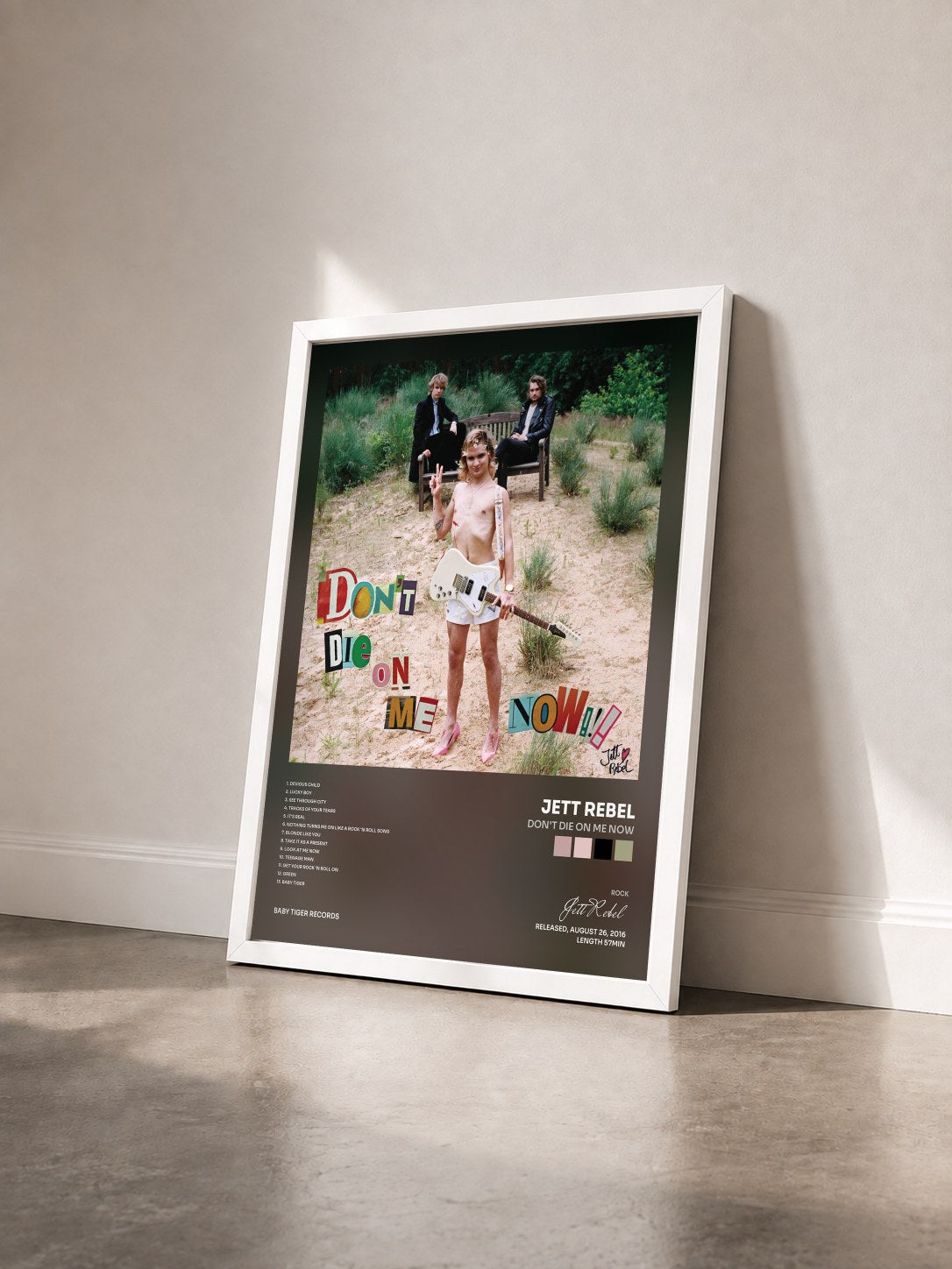 #blanc Tableau de l'album Don't Die On Me Now de Jett Rebel vu de trois quarts, cadre blanc