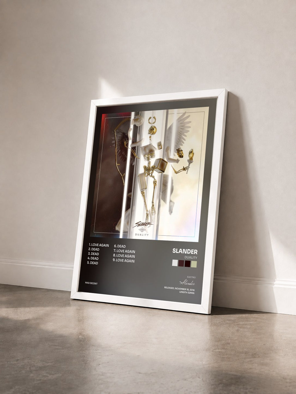 #blanc Duality by Slander as a framed art print seen at an angle, white frame