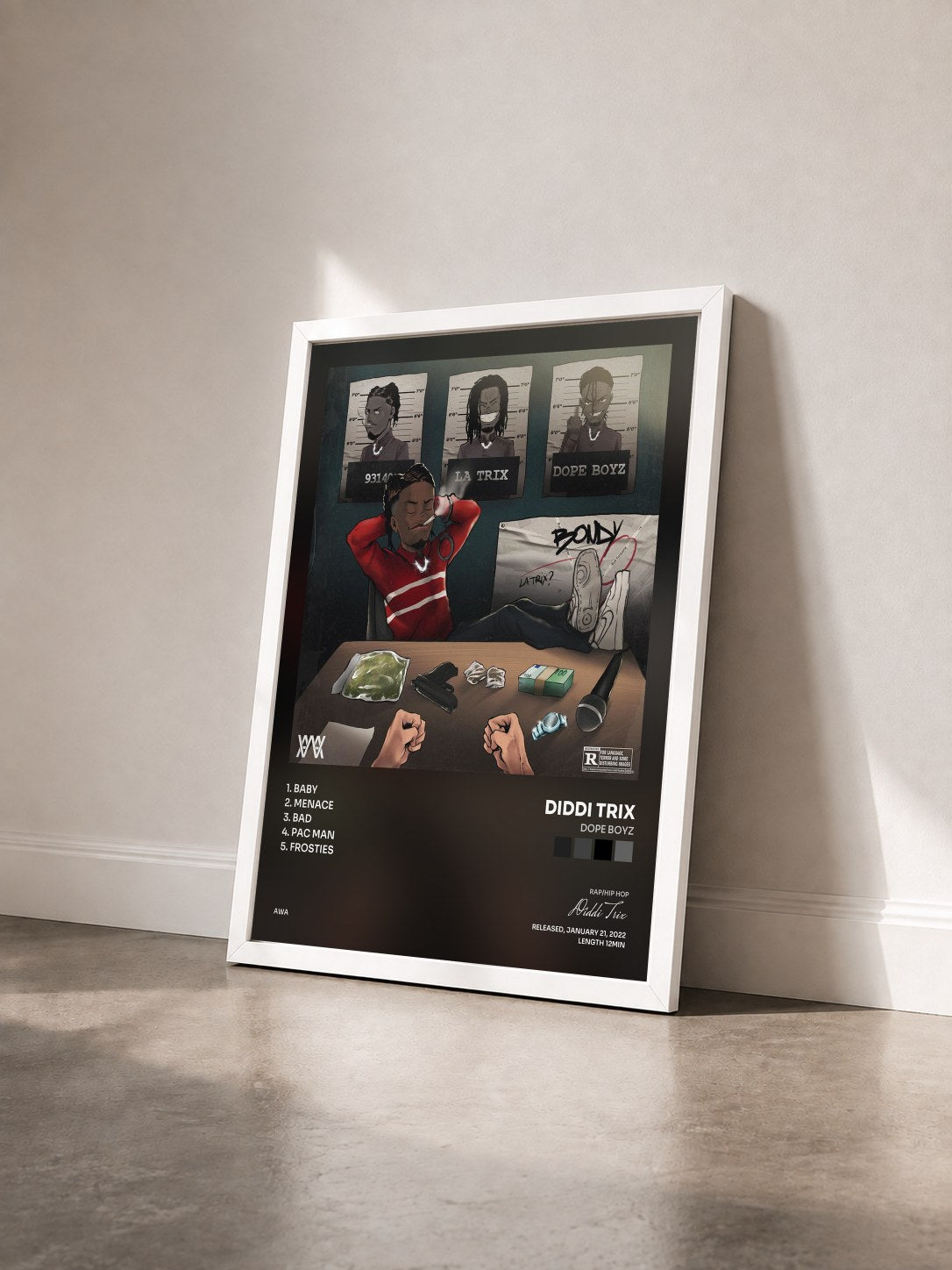 #blanc Tableau de l'album Dope Boyz de Diddi Trix vu de trois quarts, cadre blanc