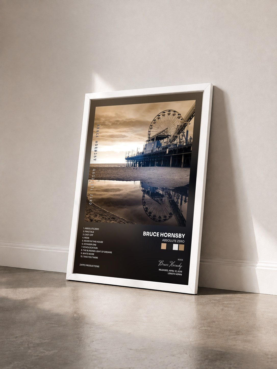 #blanc Tableau de l'album Absolute Zero de Bruce Hornsby vu de trois quarts, cadre blanc