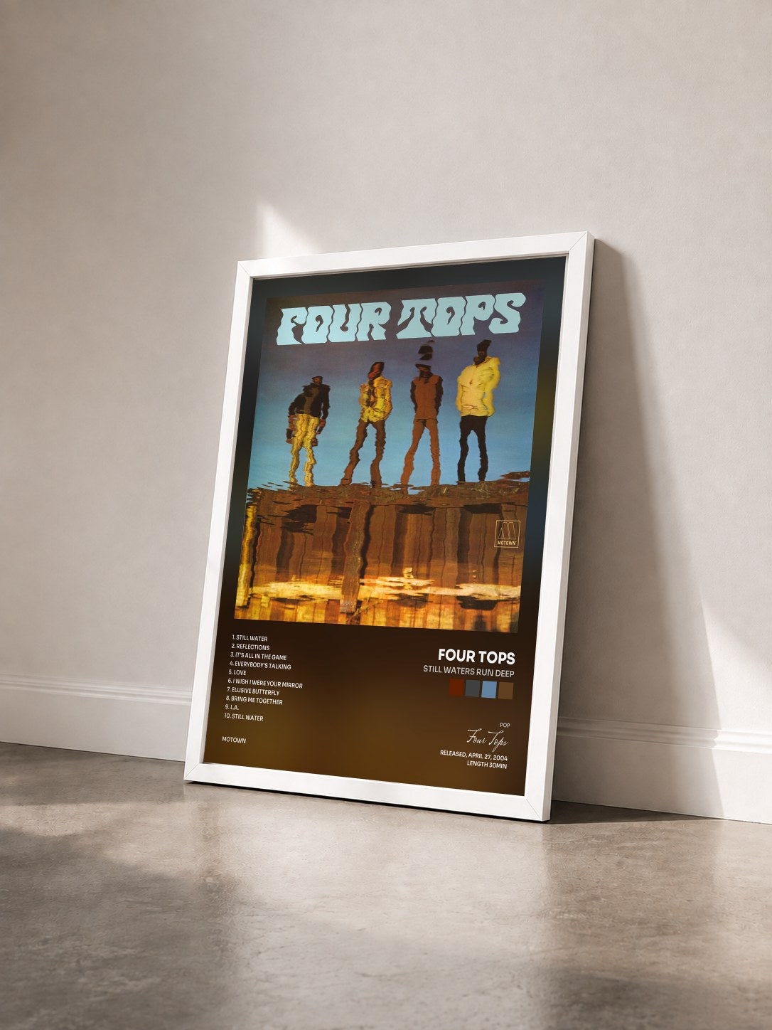 #blanc Tableau de l'album Still Waters Run Deep de Four Tops vu de trois quarts, cadre blanc