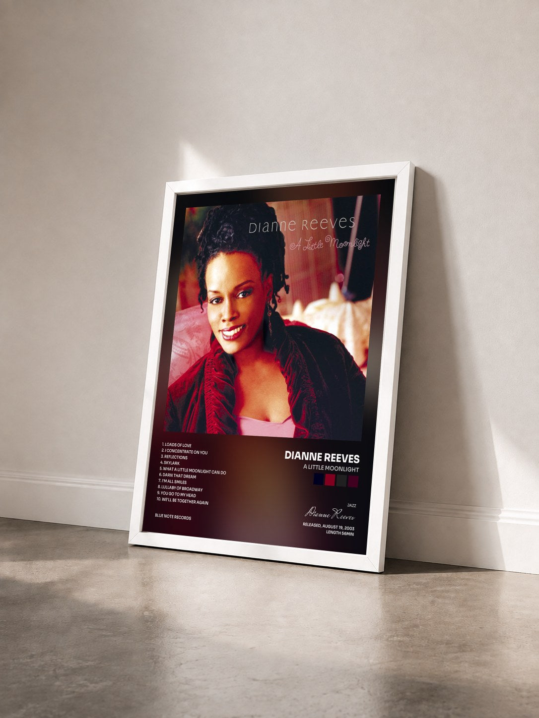 #blanc Tableau de l'album A Little Moonlight de Dianne Reeves vu de trois quarts, cadre blanc