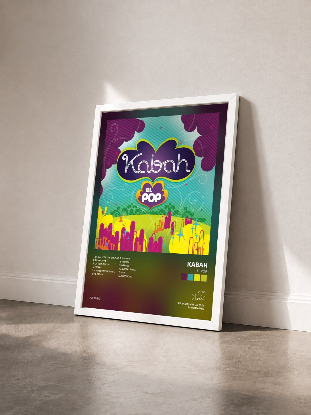 #blanc Tableau de l'album El Pop de Kabah vu de trois quarts, cadre blanc