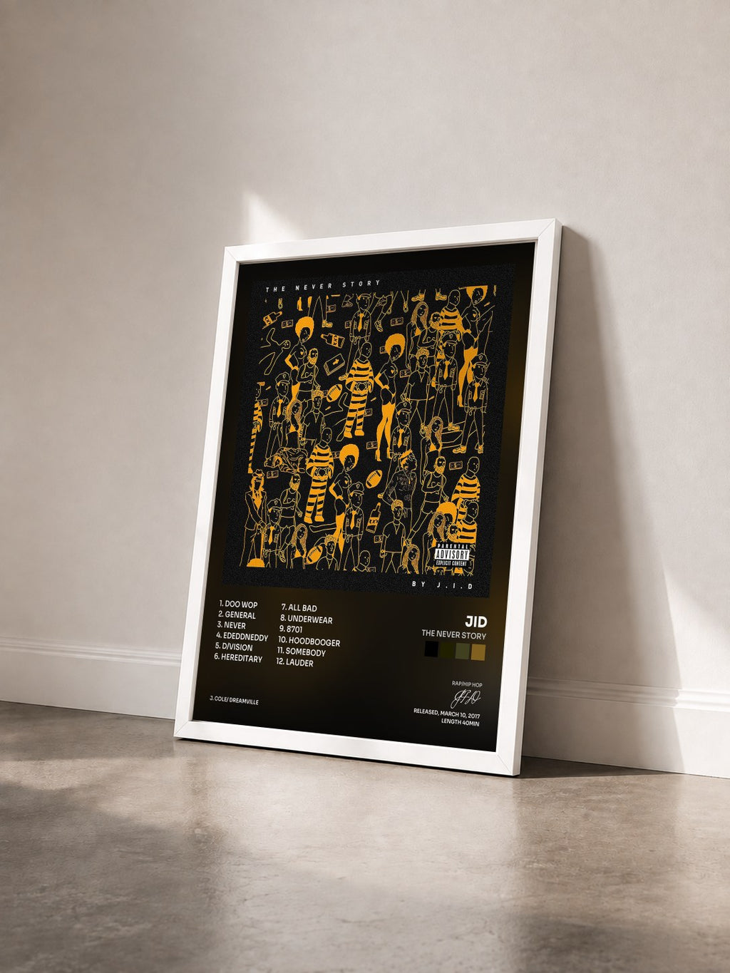 #blanc Tableau de l'album The Never Story de JID vu de trois quarts, cadre blanc