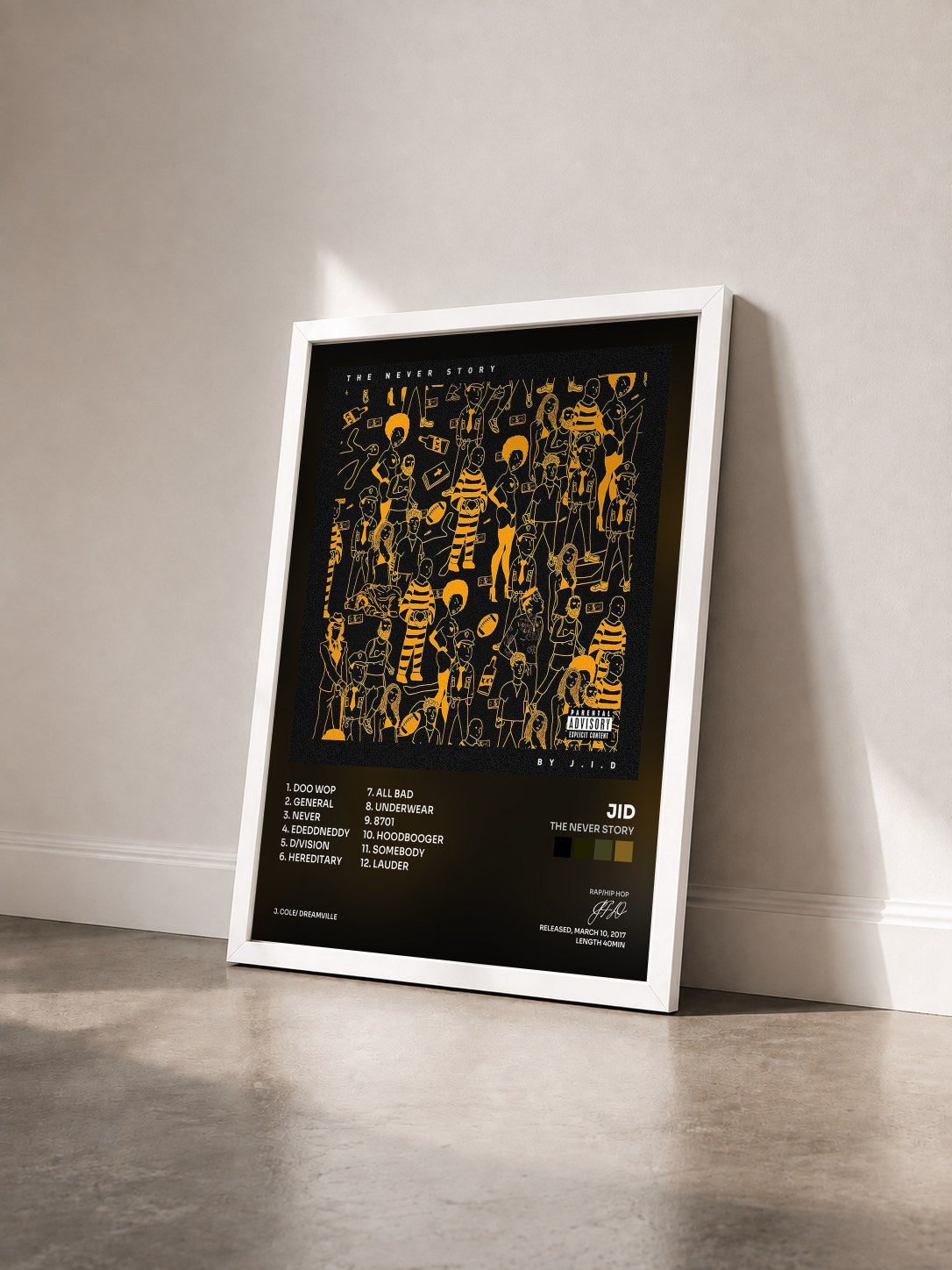 #blanc Tableau de l'album The Never Story de JID vu de trois quarts, cadre blanc
