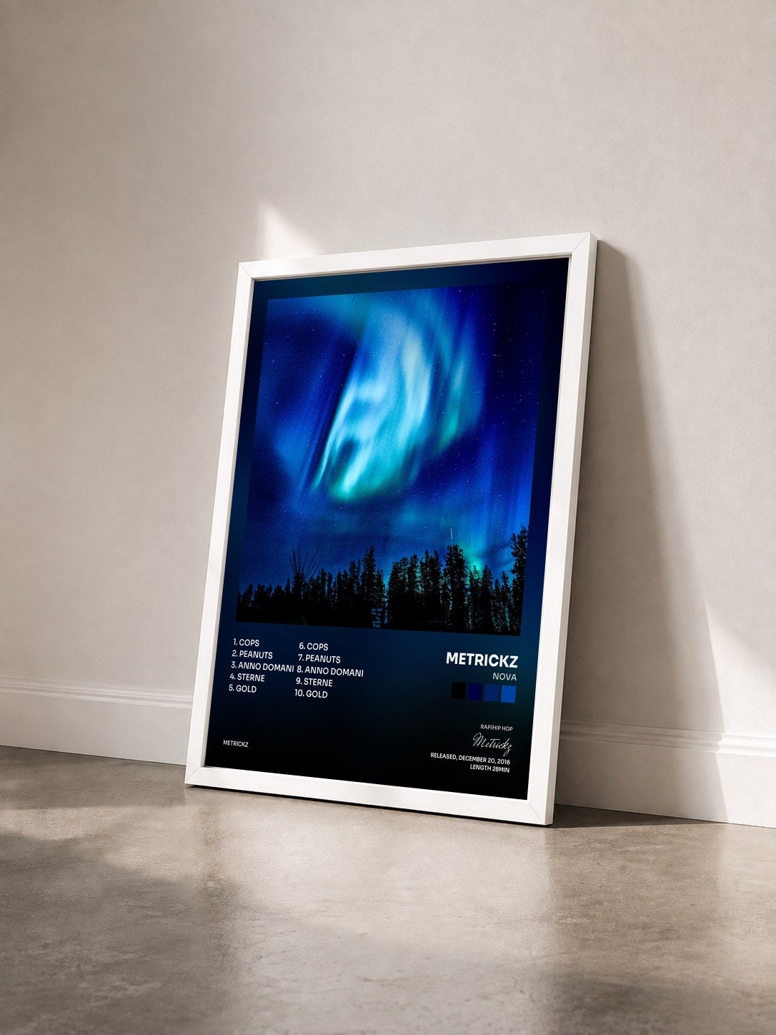 #blanc Tableau de l'album Nova de Metrickz vu de trois quarts, cadre blanc