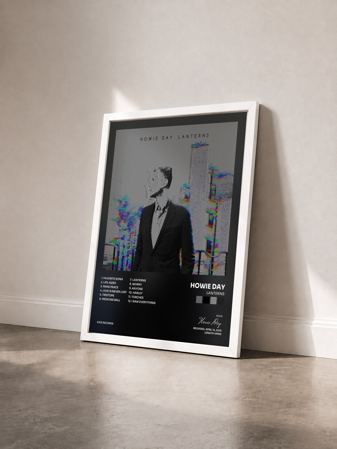 #blanc Tableau de l'album Lanterns de Howie Day vu de trois quarts, cadre blanc