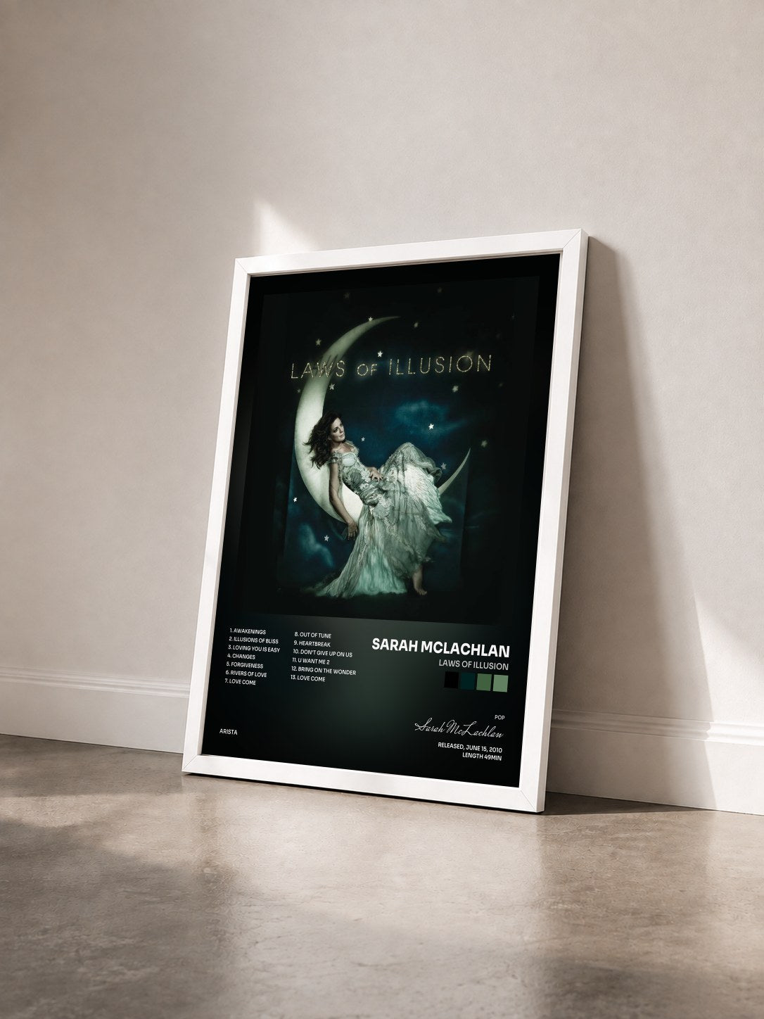 #blanc Tableau de l'album Laws Of Illusion de Sarah McLachlan vu de trois quarts, cadre blanc