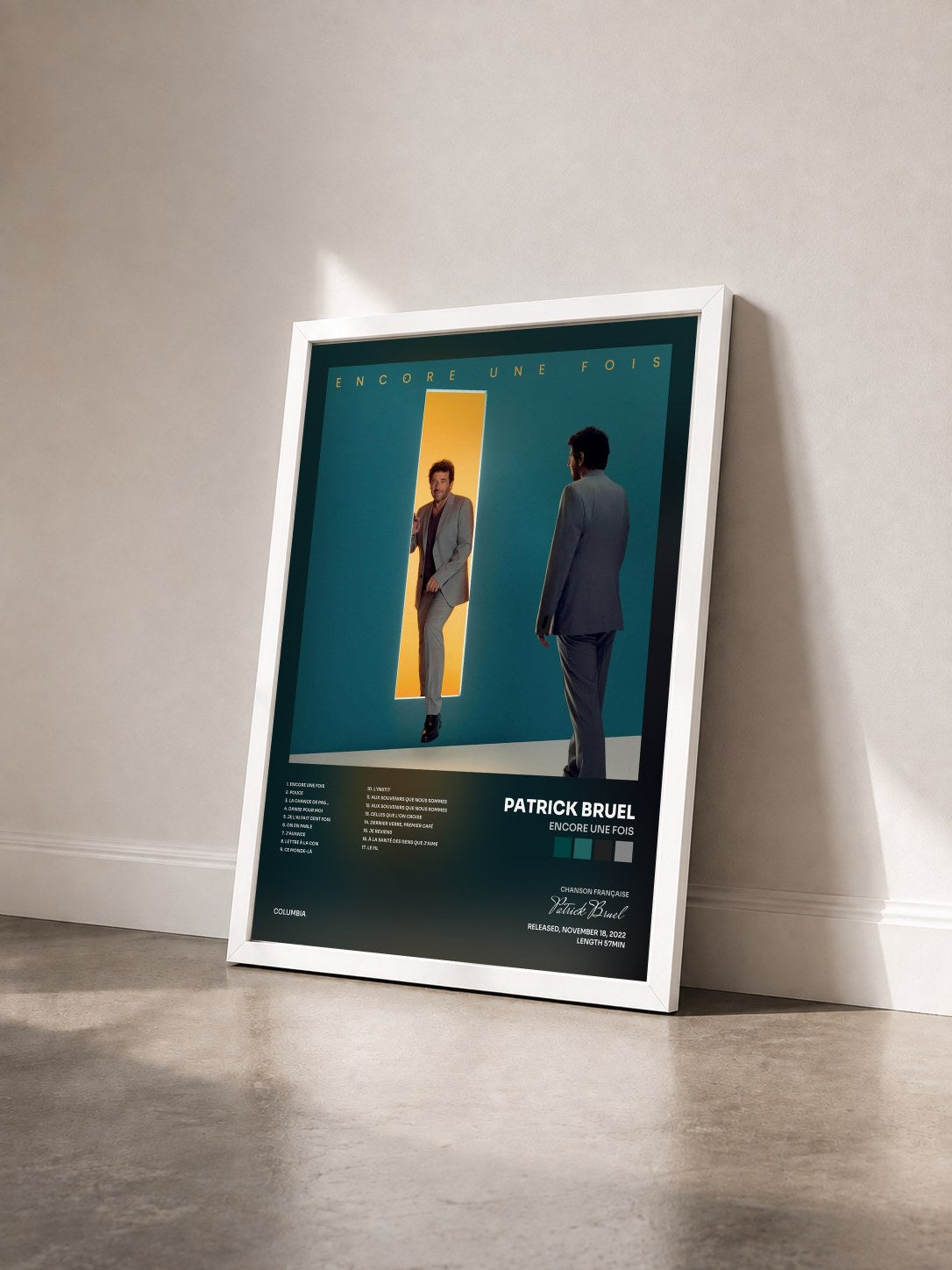 #blanc Tableau de l'album Encore une fois de Patrick Bruel vu de trois quarts, cadre blanc