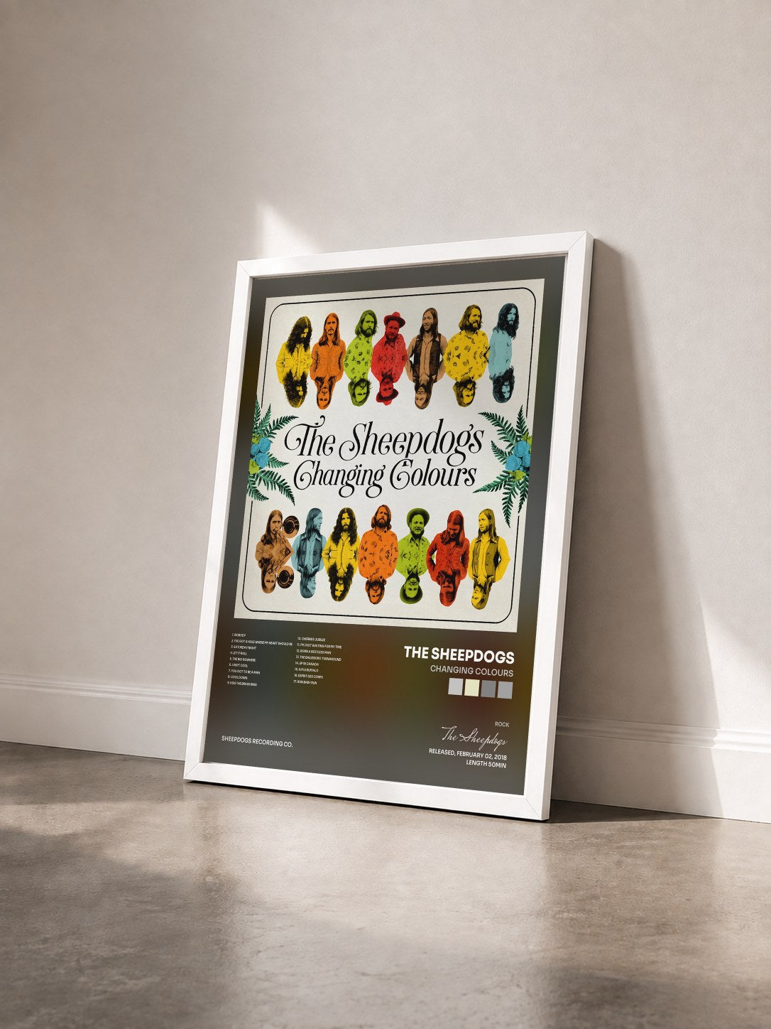 #blanc Tableau de l'album Changing Colours de The Sheepdogs vu de trois quarts, cadre blanc