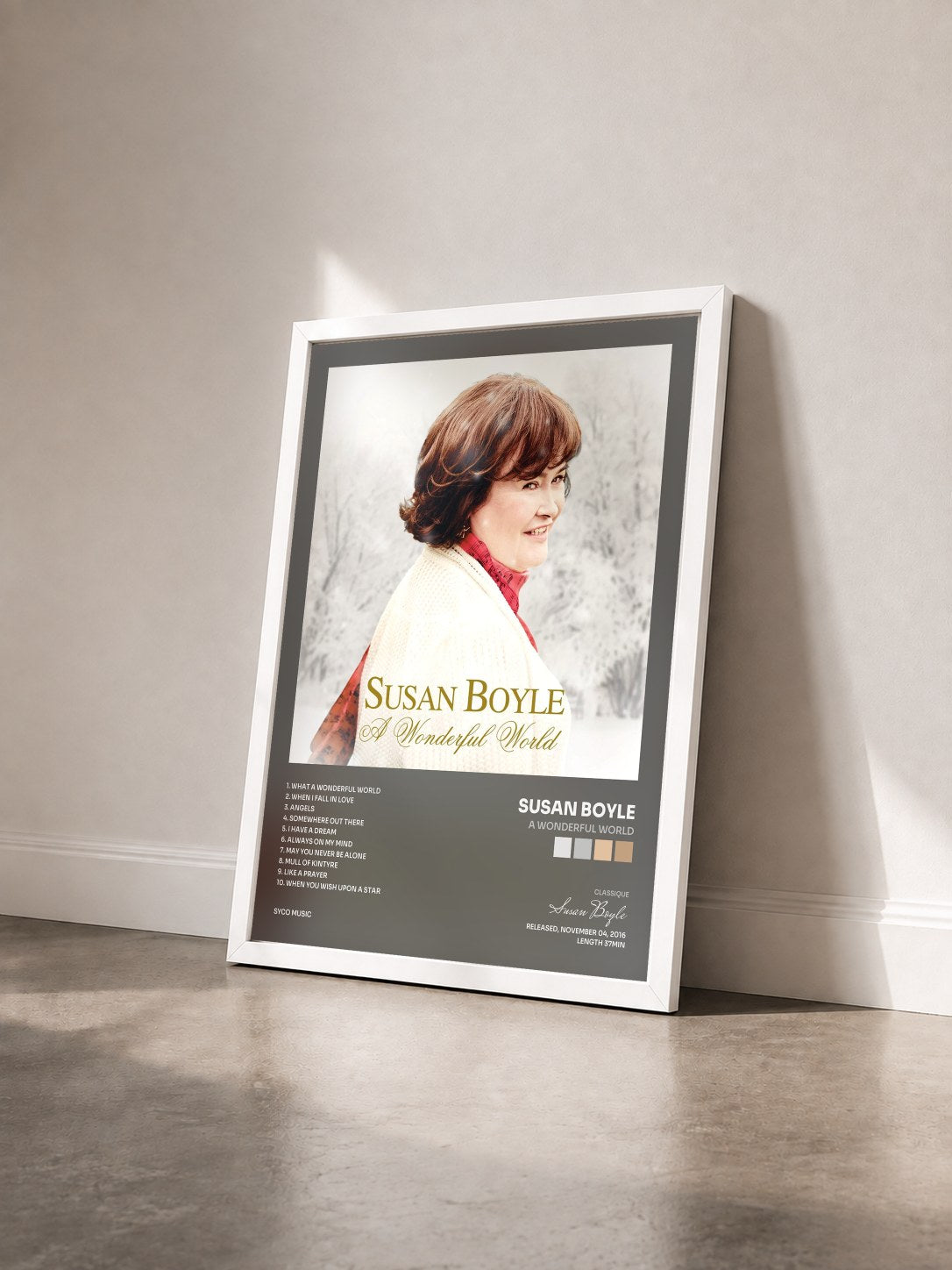#blanc Tableau de l'album A Wonderful World de Susan Boyle vu de trois quarts, cadre blanc