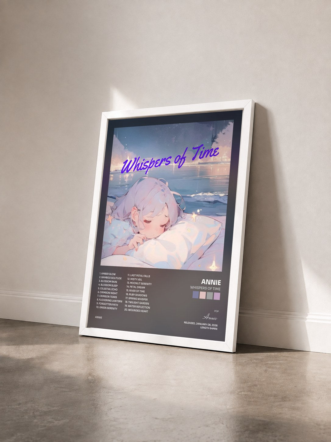 #blanc Tableau de l'album Whispers of Time de Annie vu de trois quarts, cadre blanc
