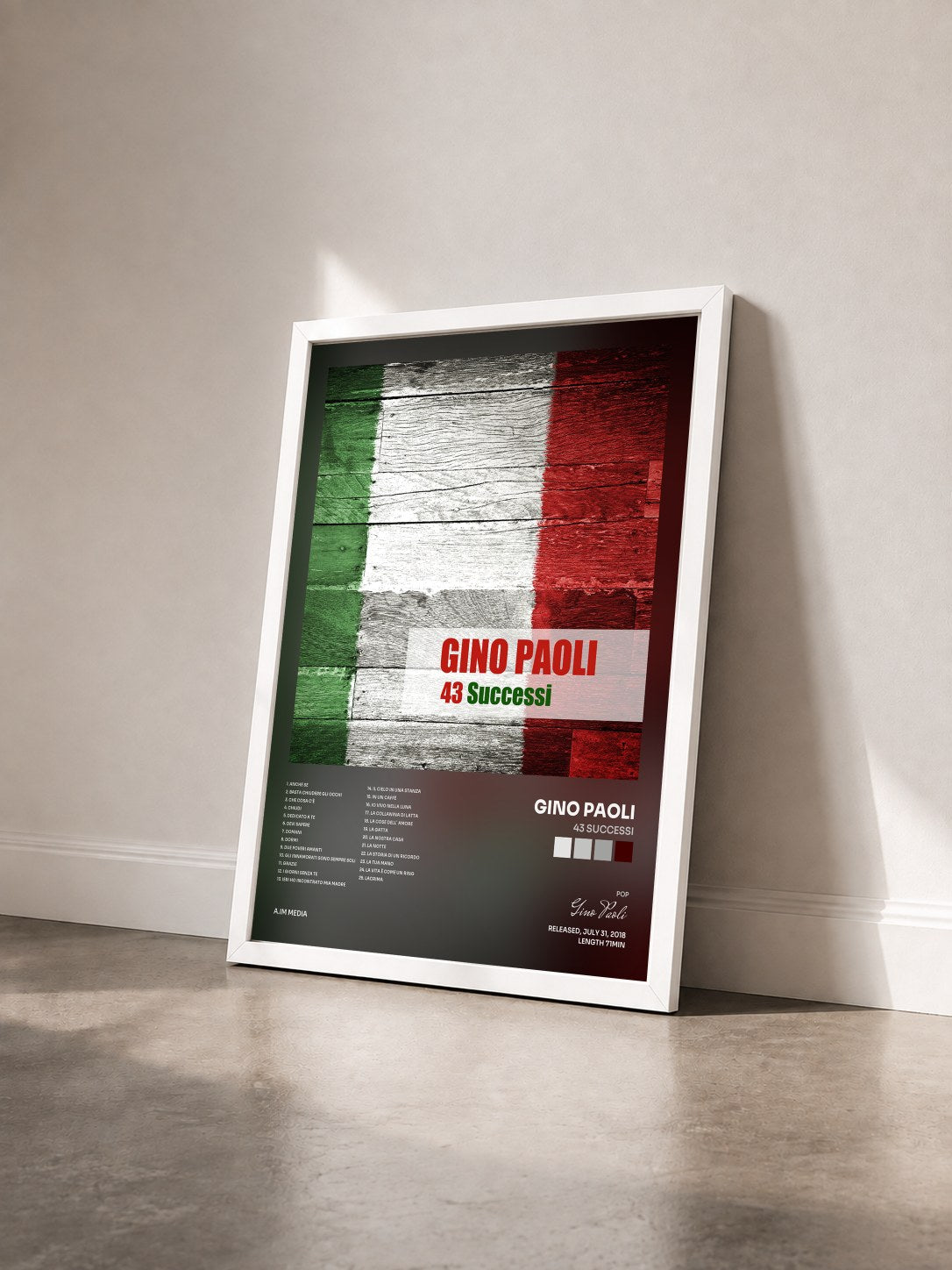 #blanc Tableau de l'album 43 Successi de Gino Paoli vu de trois quarts, cadre blanc