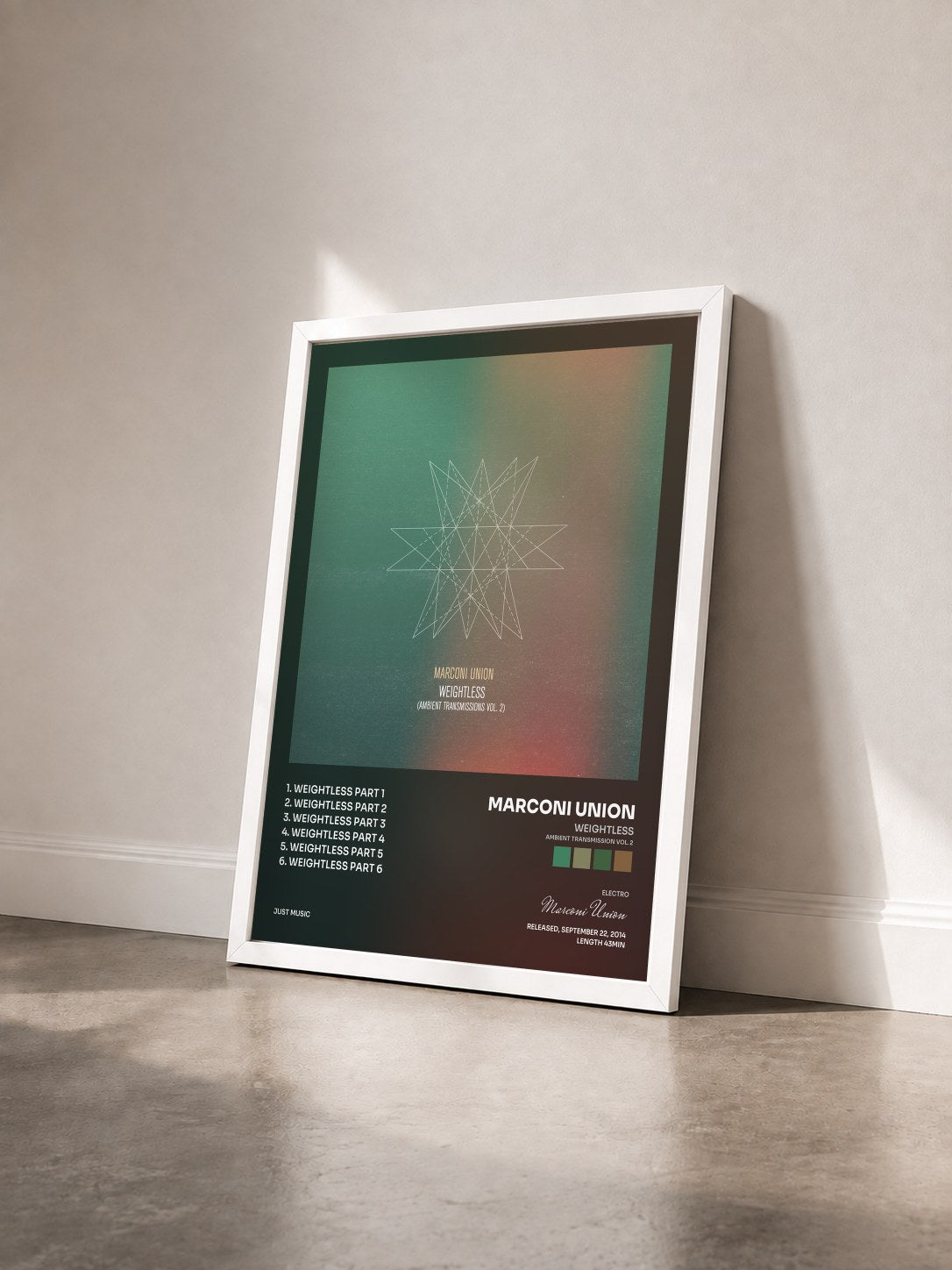 #blanc Tableau de l'album Weightless (Ambient Transmission Vol. 2) de Marconi Union vu de trois quarts, cadre blanc