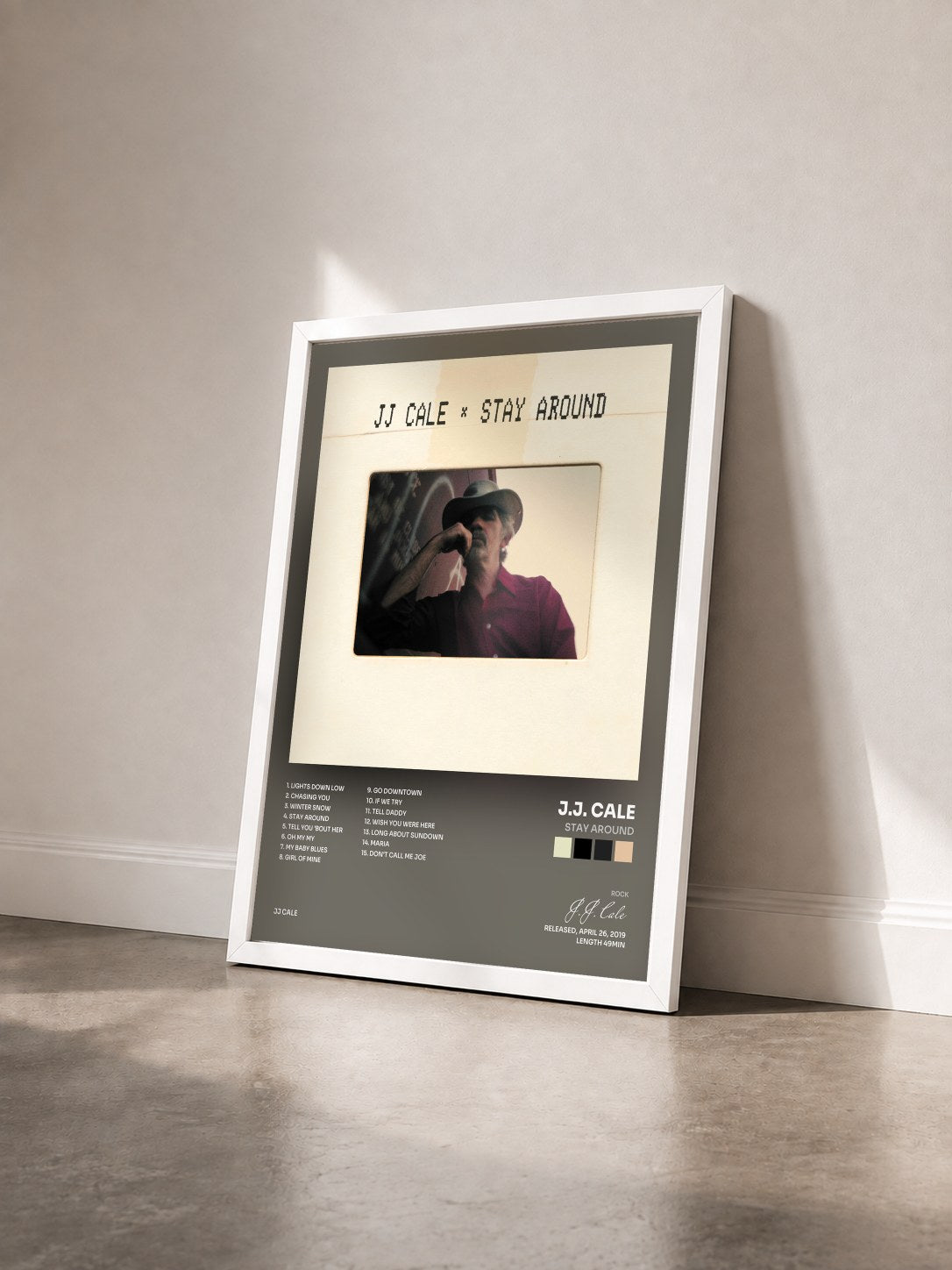 #blanc Tableau de l'album Stay Around de J.J. Cale vu de trois quarts, cadre blanc