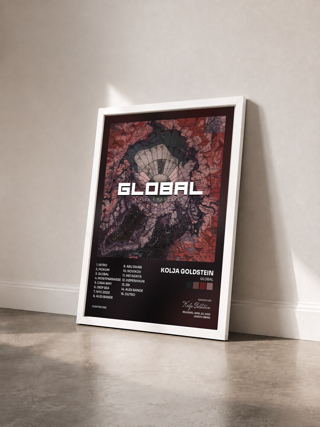 #blanc Tableau de l'album GLOBAL de Kolja Goldstein vu de trois quarts, cadre blanc