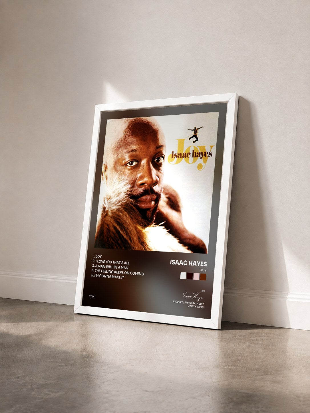 #blanc Tableau de l'album Joy de Isaac Hayes vu de trois quarts, cadre blanc