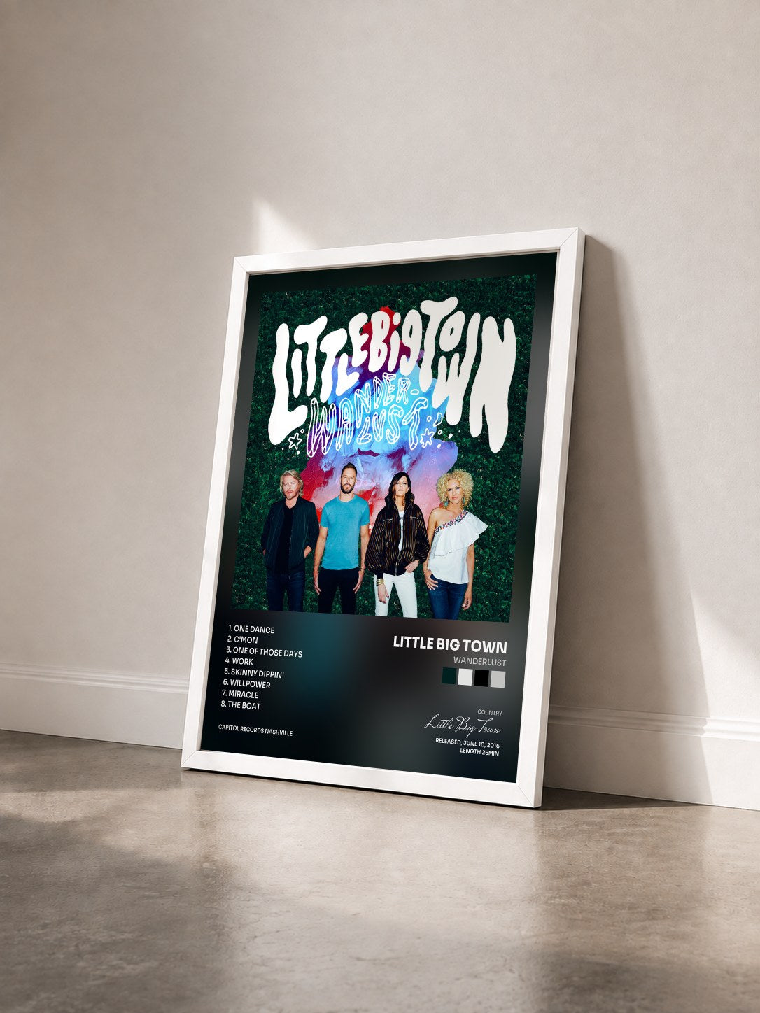 #blanc Tableau de l'album Wanderlust de Little Big Town vu de trois quarts, cadre blanc