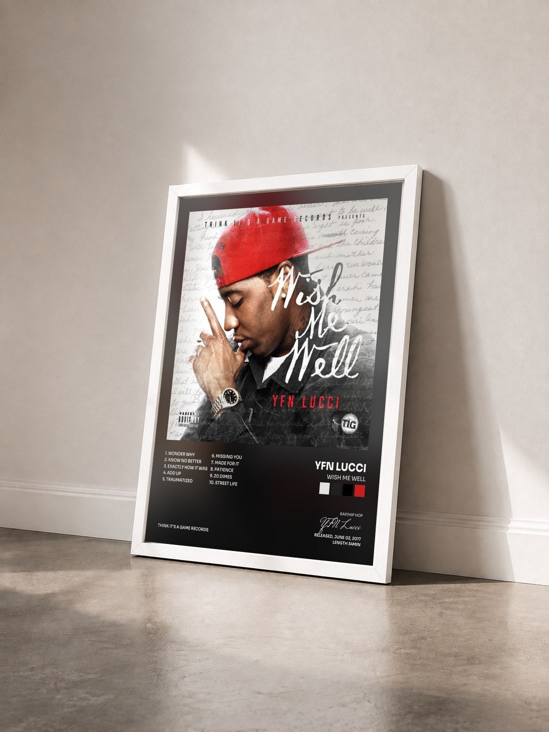 #blanc Tableau de l'album Wish Me Well de YFN Lucci vu de trois quarts, cadre blanc