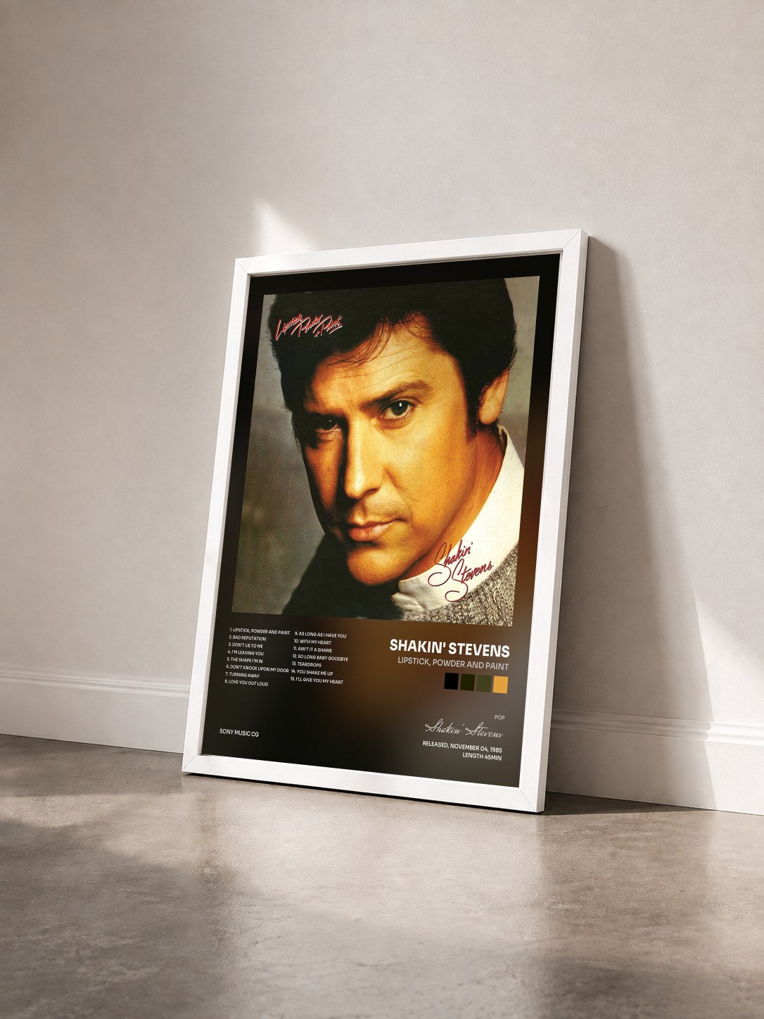 #blanc Tableau de l'album Lipstick, Powder and Paint de Shakin' Stevens vu de trois quarts, cadre blanc