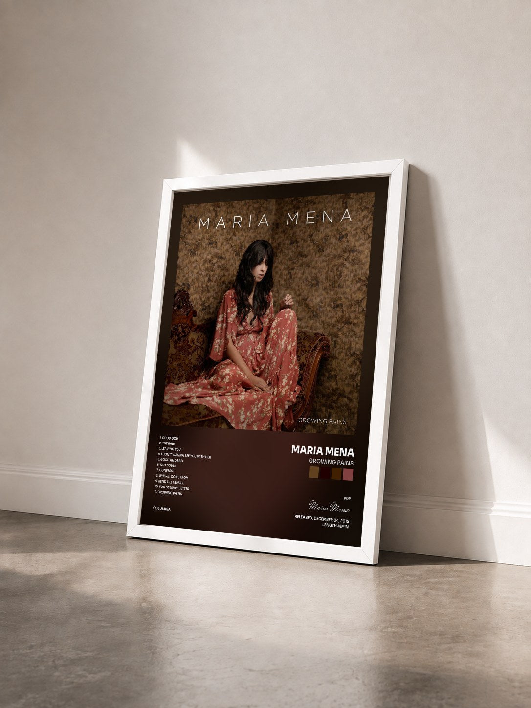 #blanc Tableau de l'album Growing Pains de Maria Mena vu de trois quarts, cadre blanc
