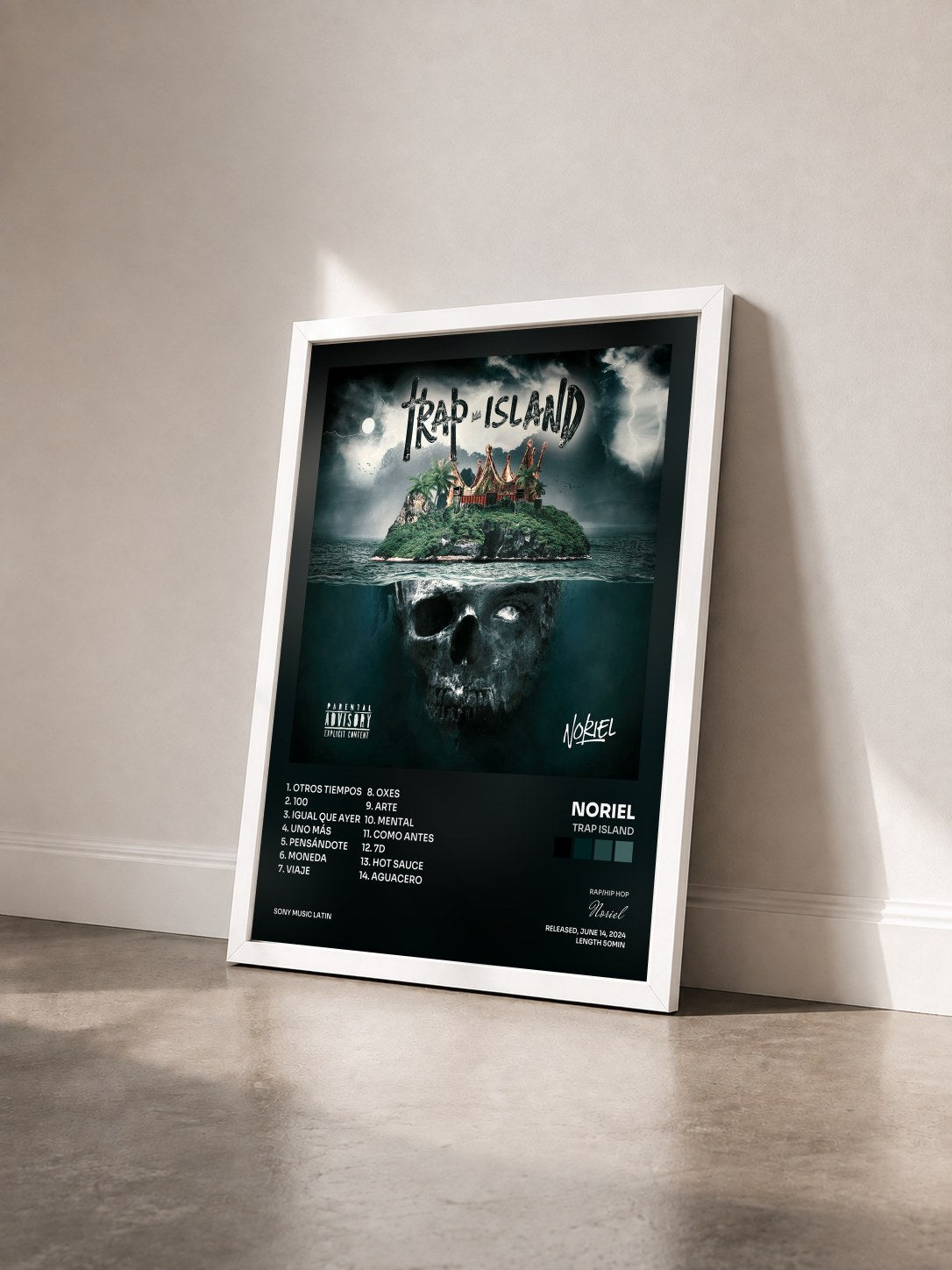 #blanc Tableau de l'album Trap Island de Noriel vu de trois quarts, cadre blanc