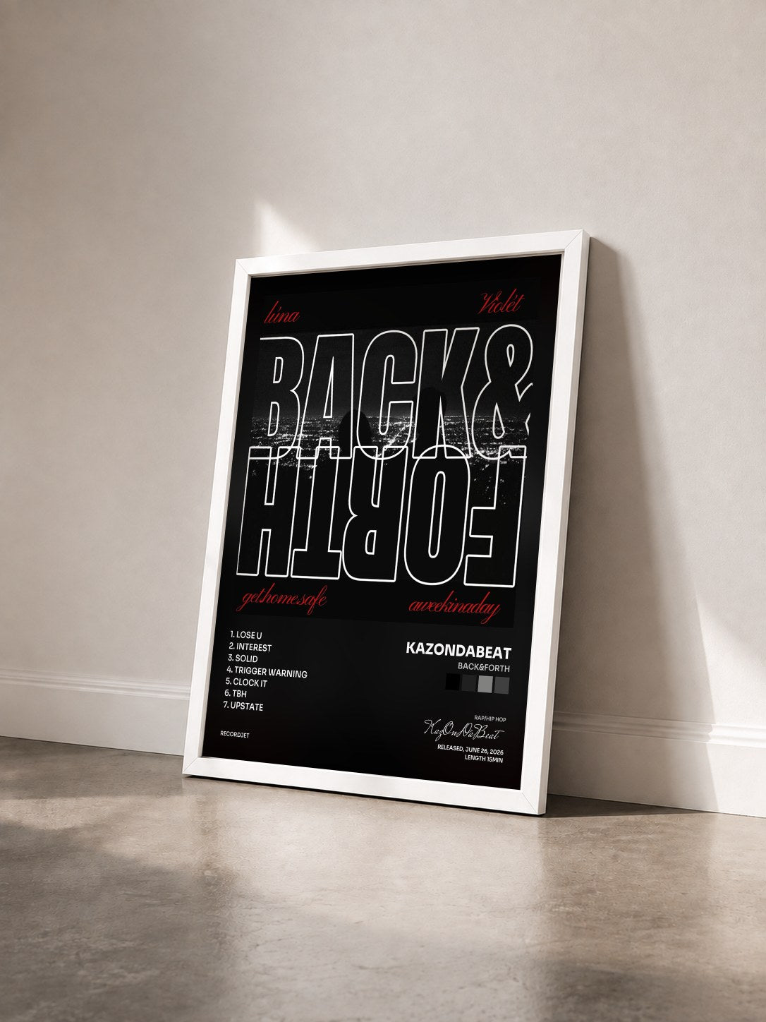 #blanc Tableau de l'album BACK&FORTH de KazOnDaBeat vu de trois quarts, cadre blanc