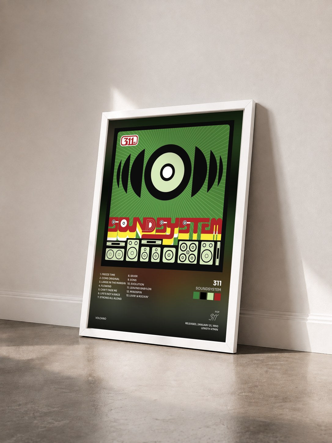 #blanc Tableau de l'album Soundsystem de 311 vu de trois quarts, cadre blanc