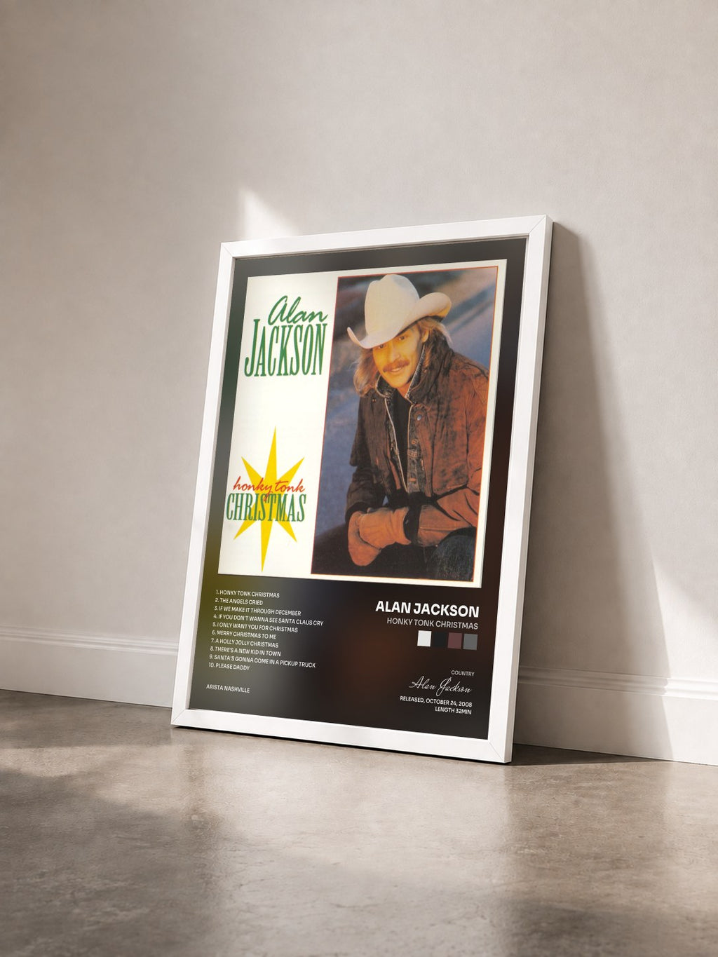 #blanc Honky Tonk Christmas di Alan Jackson in stampa incorniciata vista di tre quarti, cornice bianca