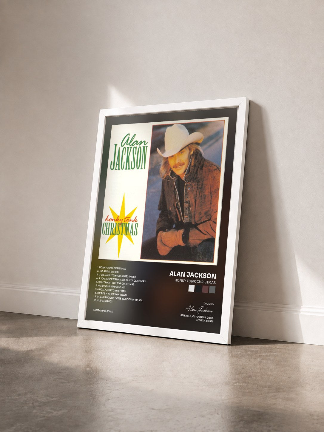 #blanc Tableau de l'album Honky Tonk Christmas de Alan Jackson vu de trois quarts, cadre blanc