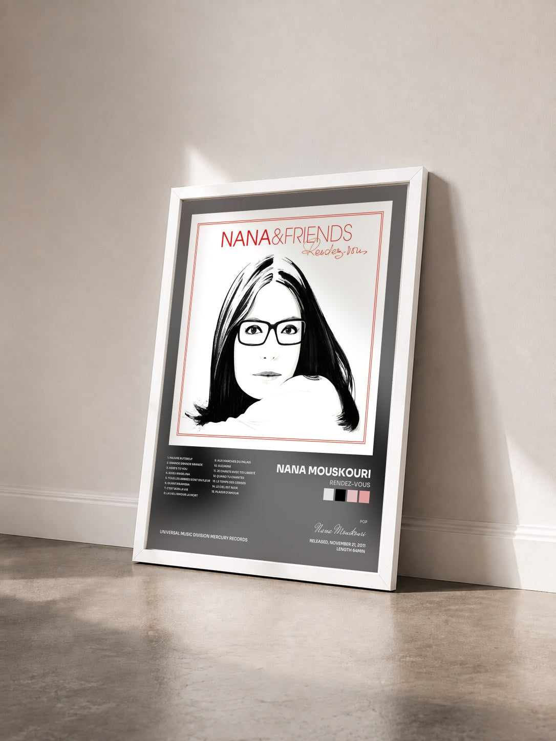#blanc Tableau de l'album Rendez-Vous de Nana Mouskouri vu de trois quarts, cadre blanc