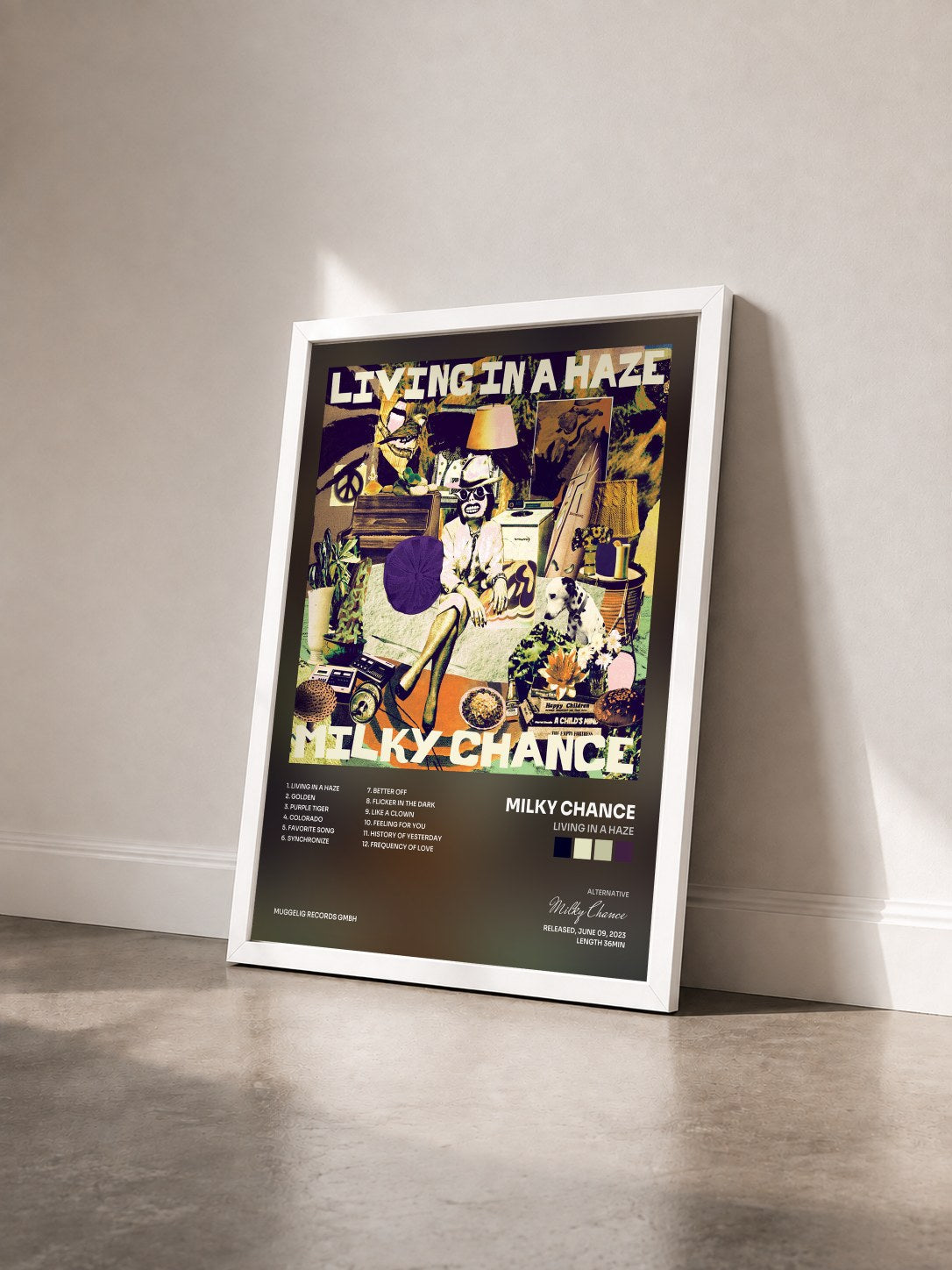 #blanc Tableau de l'album Living In A Haze de Milky Chance vu de trois quarts, cadre blanc