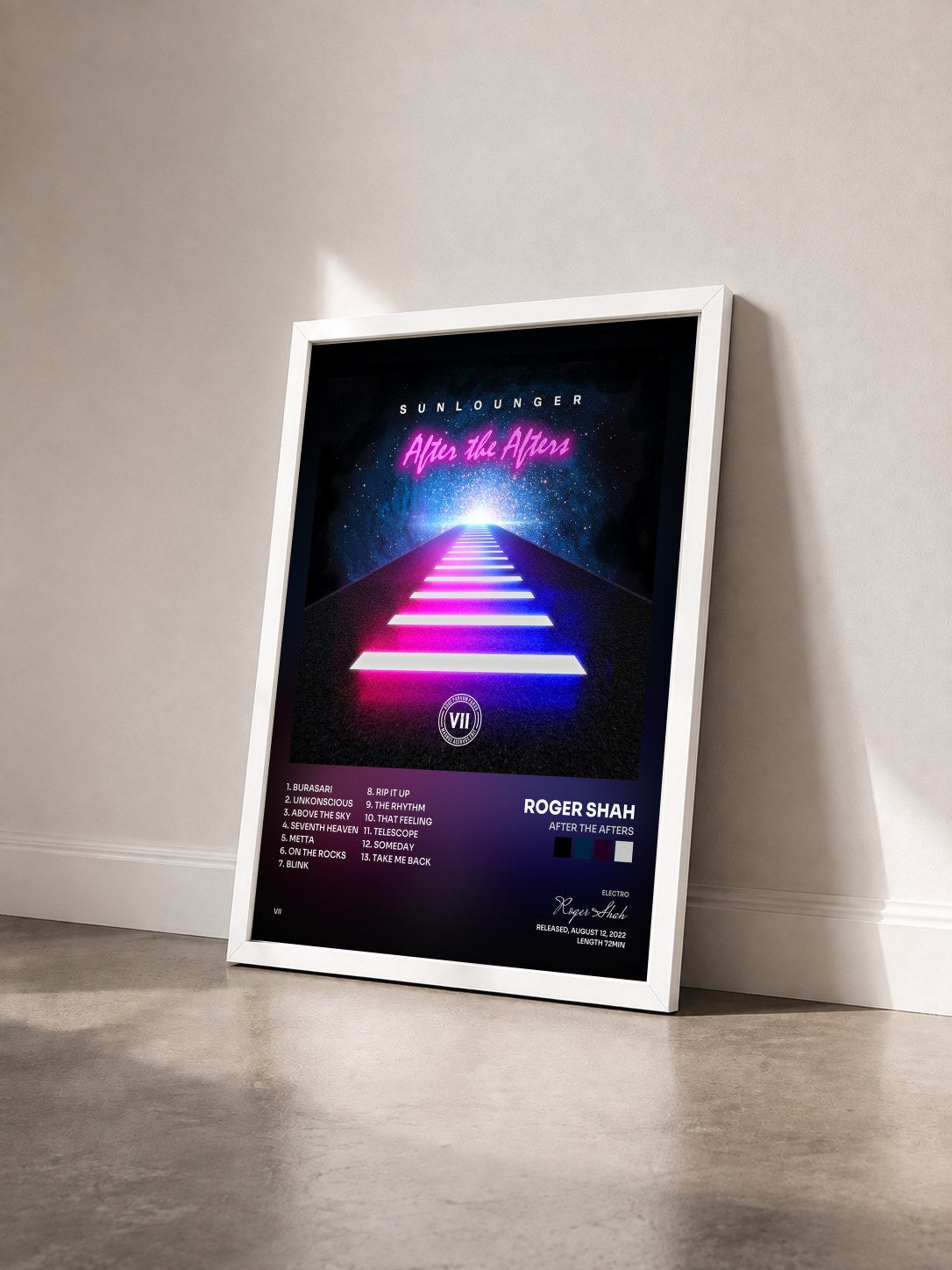 #blanc Tableau de l'album After the Afters de Roger Shah vu de trois quarts, cadre blanc